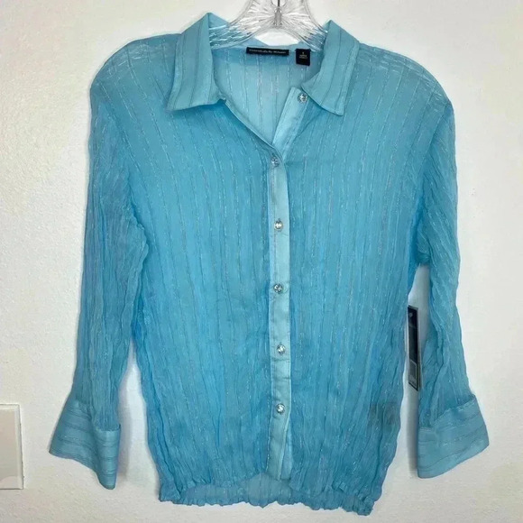 Essential by Milano Blue Crinkle Button Down Shirt - Picture 2 of 6
